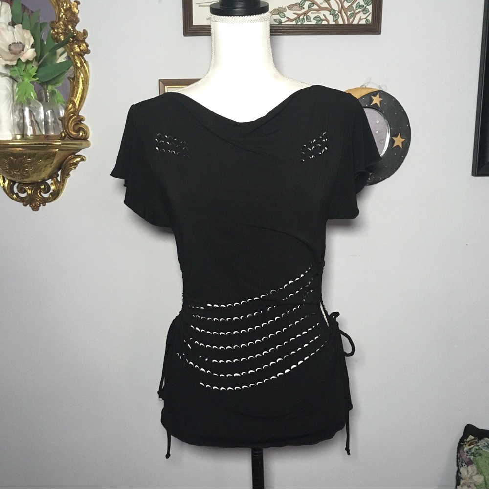 90s Y2K Vintage Frederick’s of Hollywood Black Cutout Cowl Neck Top S